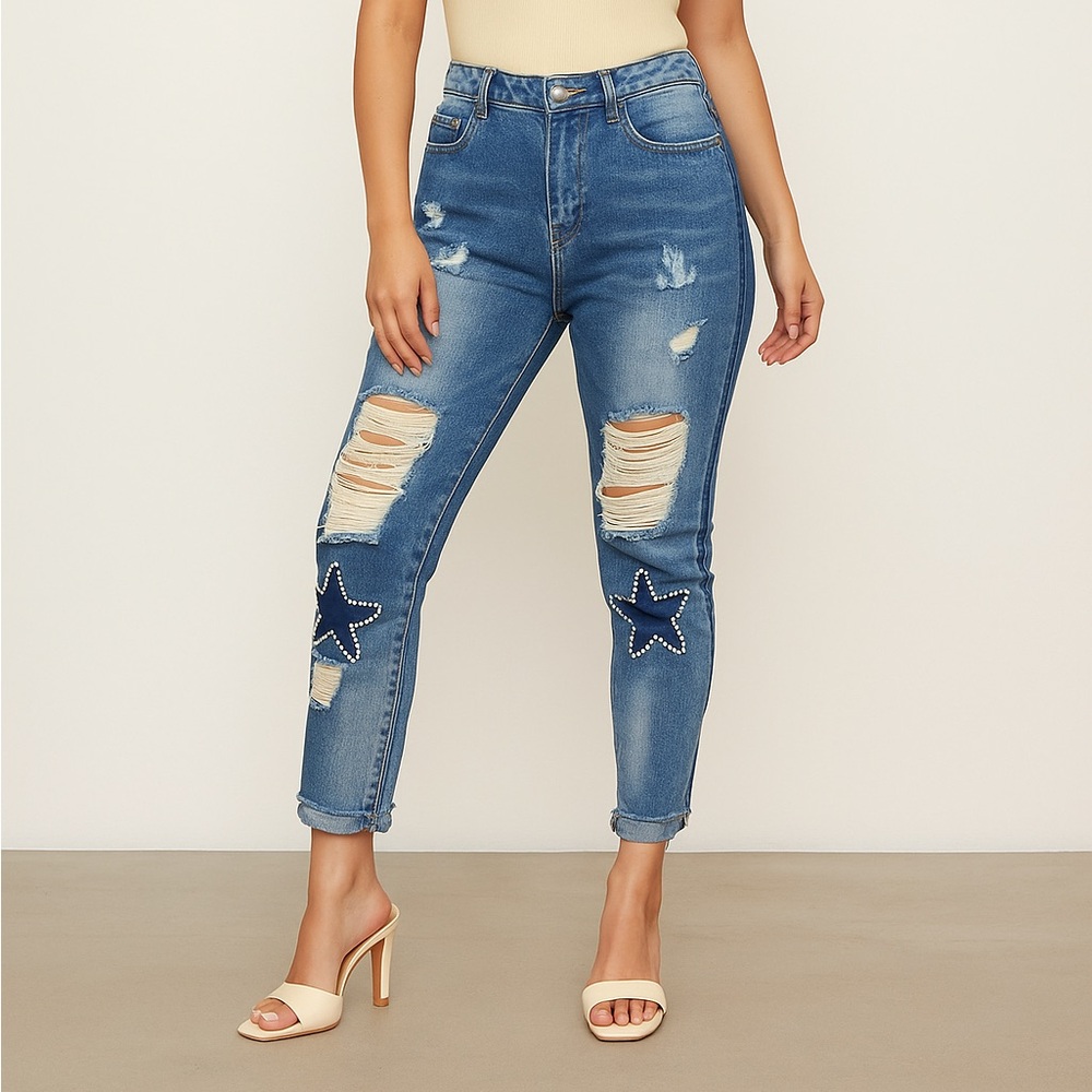 Yi Lang Tide Haute Couture Yan Distressed Denim Star Pearl Jeans Rips Holes Mom